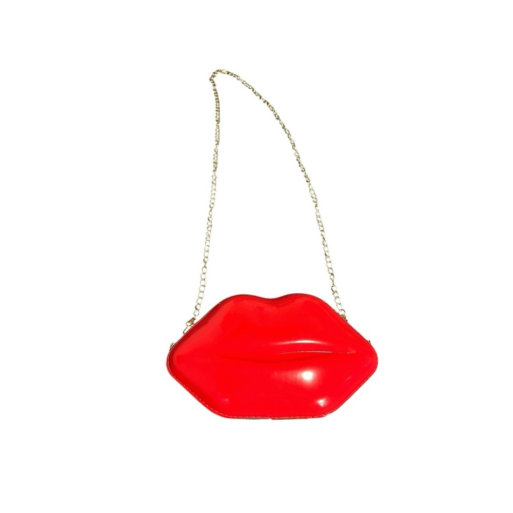 NEW red cross body hard lips purse bag gold chain